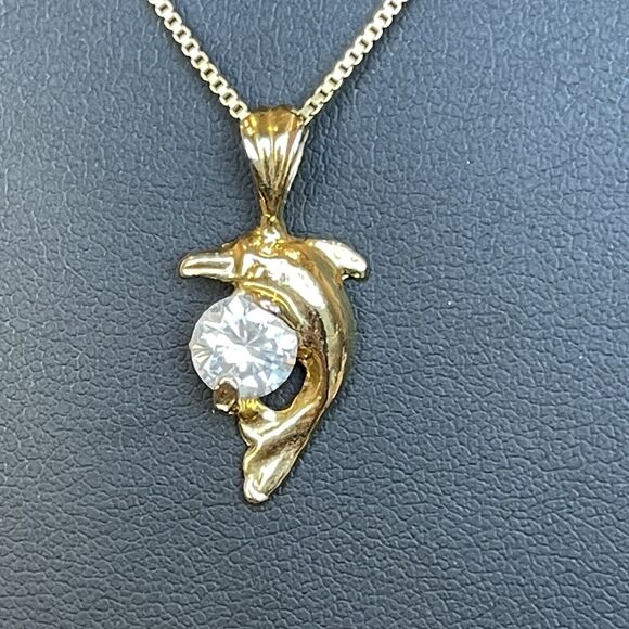 Vintage Danecraft 925 Gold Plated Dolphin Clear Crystal CZ Pendant Necklace 18" - Picture 3 of 5